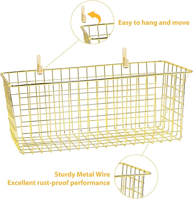 2 Sets Extra Large Hanging Wall Basket, Gold Metal Wire Baskets with Steel Hooks for Organizing, WallmountedFruit Vegetable T