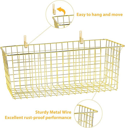 2 Sets Extra Large Hanging Wall Basket, Gold Metal Wire Baskets with Steel Hooks for Organizing, WallmountedFruit Vegetable T