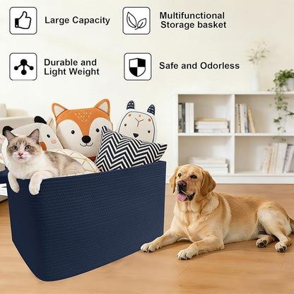 65L Large Blanket Basket,21"x16"x12" Rectangle Storage Bin with Handles,Woven Rope Laundry Basket for Toys, Clothes,Pillows,M