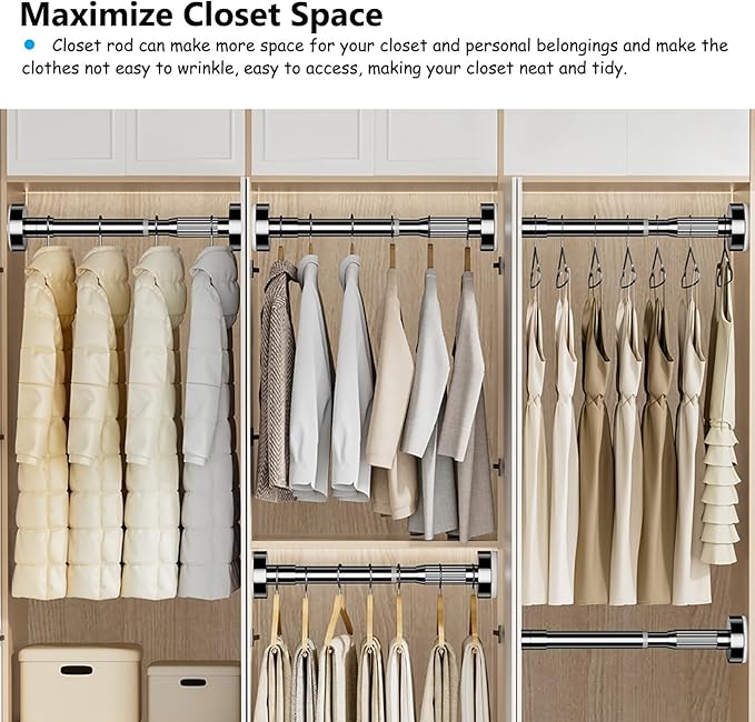 Adjustable Telescopic Closet Rod - No Drill Pressure Mount Wardrobe Hanging Bar, Space-Saving Extendable Clothes Rail (White,