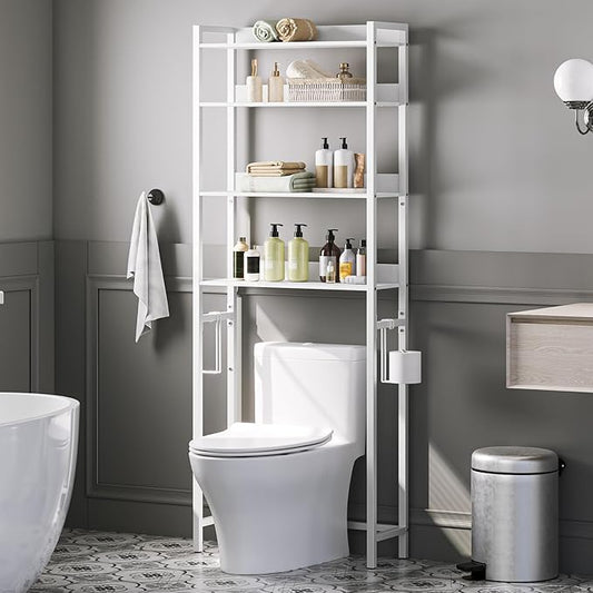 Over The Toilet Storage Rack, 4 Tier Bathroom Organizer Over Toilet, Freestanding Space Saver Toilet Stand with 2 Hooks, Bath