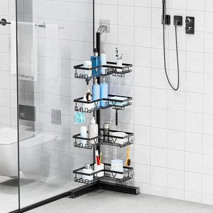KEGII Floor Shower Caddy Standing – 4-Tier Corner Shower Organizer with Hooks & Soap Holder, Free-Standing Bathroom Storage R