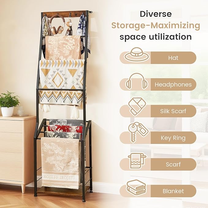 Pinzoveco Blanket Ladder, 7 Tier Wooden Ladder Shelf with Hooks, 5.5ft Blanket Holder Rack Farmhouse Ladder Rack for Storage 