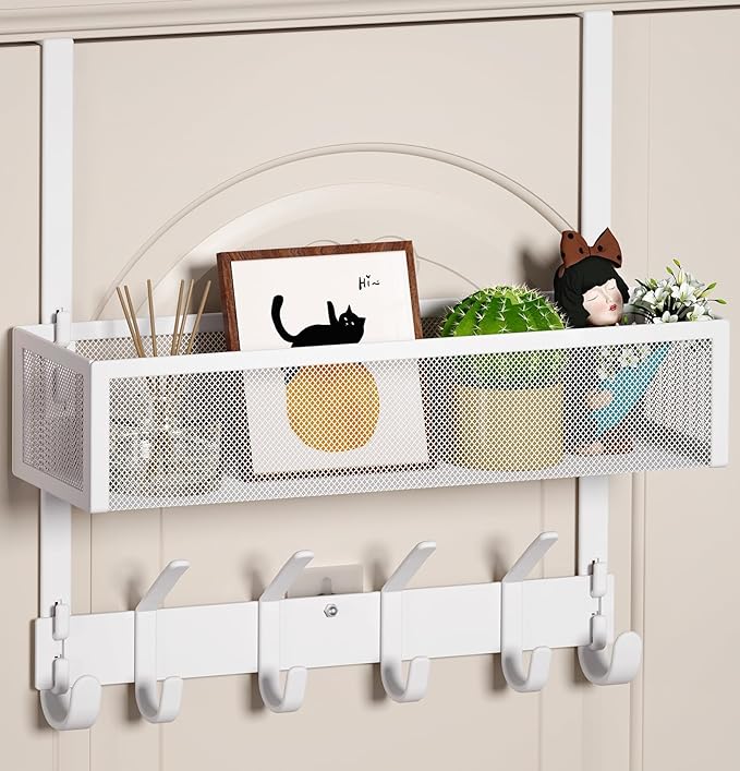 Over The Door Hooks Organizer, Over The Door Towel Rack with Mesh Basket, 10 Coat Hooks and 2 Wreath Hangers, Bathroom Door O