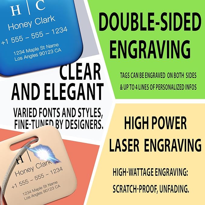 Stainless Luggage Tags for Suitcases 4 Pack: Metal Personalized Luggage Tags for Backpacks & Bags with Customizable Texts (Ro