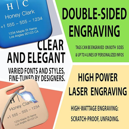 Stainless Luggage Tags for Suitcases 4 Pack: Metal Personalized Luggage Tags for Backpacks & Bags with Customizable Texts (Ro