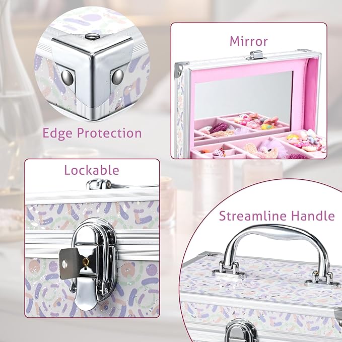 Hododou Girls Jewelry Box Organizer with Drawer & Mirror, Shiny Pink Style Lockable Storage Case for Kid or Little Girls Jewe