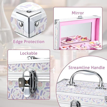 Hododou Girls Jewelry Box Organizer with Drawer & Mirror, Shiny Pink Style Lockable Storage Case for Kid or Little Girls Jewe