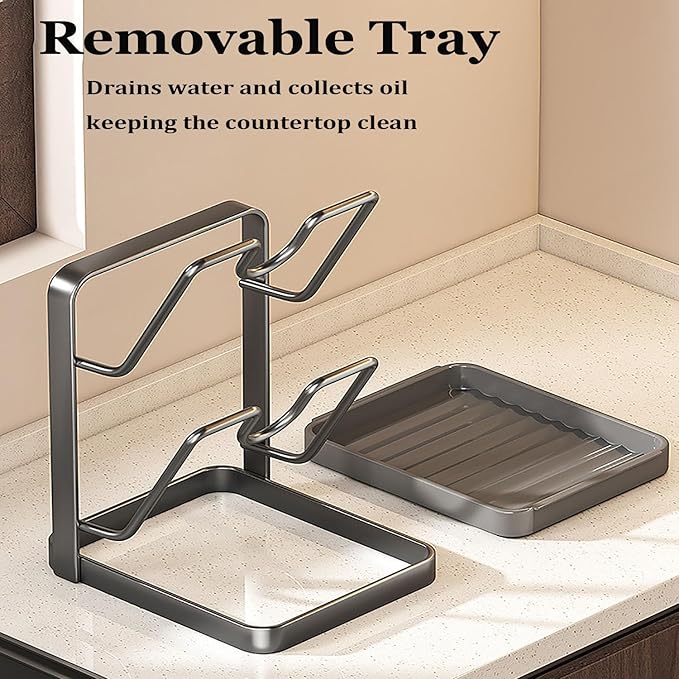 Kitchen Pot Lid Storage Rack, Carbon Steel Pot Lid Holder with Spoon Rest While Cooking, Multifunctional Kitchen Organizer Stand for Counter Top with Removable Drip Tray