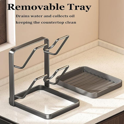 Kitchen Pot Lid Storage Rack, Carbon Steel Pot Lid Holder with Spoon Rest While Cooking, Multifunctional Kitchen Organizer Stand for Counter Top with Removable Drip Tray