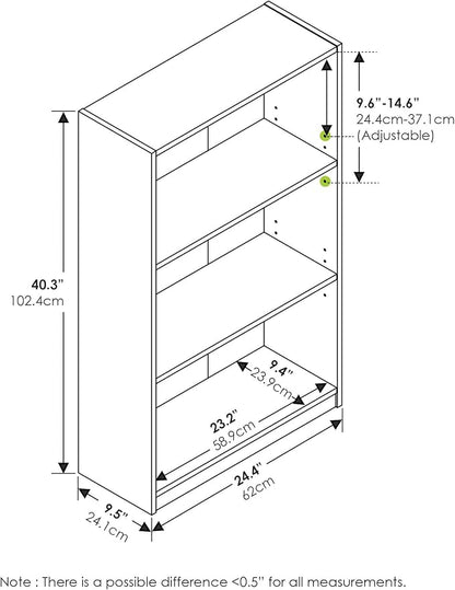 Furinno Jaya Book Shelf, 3-Tier Bookshelf, Standing Bookcase with Adjustable Shelves, 9.5 x 24.5 x 40.3, for Living Room, Bed