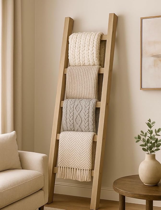 Rustic Blanket Ladder, 4 Feet Tall, 5 feet Tall, 6 feet Tall, Solid Wood, Multiple Stain Options (36 Inch Tall)