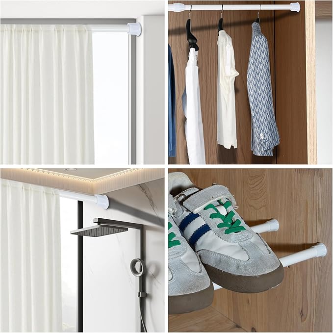 2Pcs Spring Tension Curtain Rod, Adjustable Curtain Rods 28-48 inch, Spring Loaded Curtain Rods No Drilling Extension Rod, (W