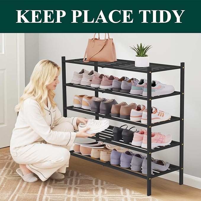 Smiry Long Bamboo Shoe Rack 5-Tier, Stackable Wooden Shoe Organizer for Entryway & Closet, Free Standing Wood Shoe Storage Sh