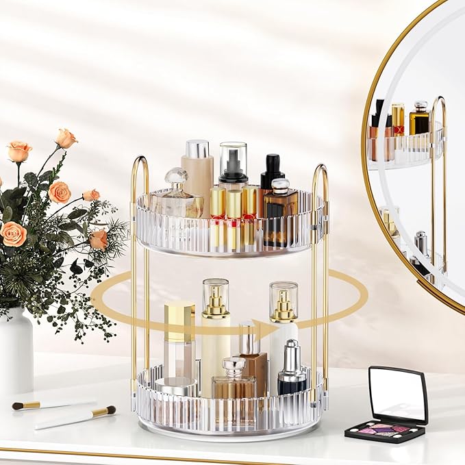 MOKANI 360 Rotating Makeup Organizer for Vanity, 2 Tier Adjustable Perfume Organizer for Dresser, Multi-Function Spinning Cos