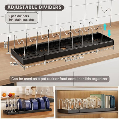 Magheo Expandable Food Storage Container Lid Organizers, 22" Pots and Pans Organizer Under Cabinet with 9 Adjustable Dividers Pot and Pan Lid Holders Rack Inside Cabinet(Black,1 Pack)