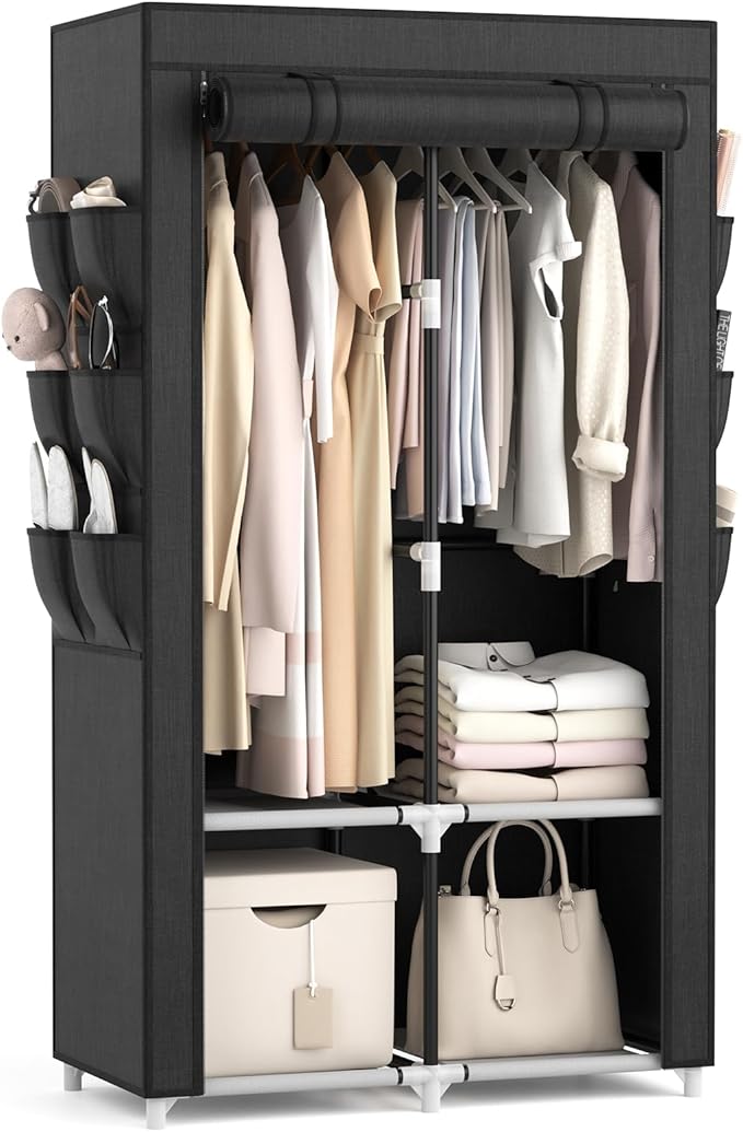 VTRIN Portable Closet Wardrobe Closet for Hanging Clothes with 4 Storage Shelves, 2 Hanging Rods and 6 Pockets, Stable and Ea