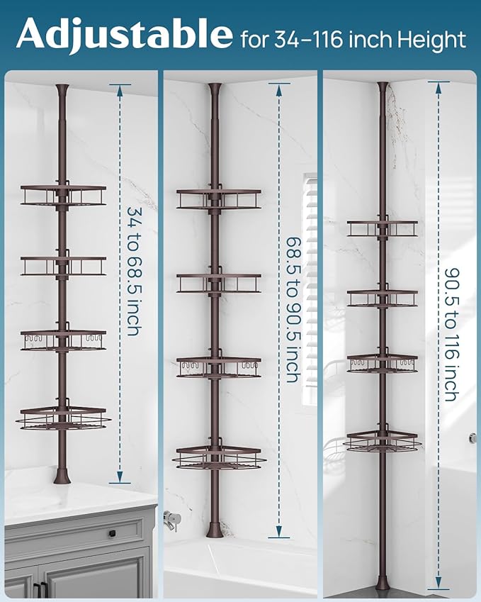 SEIRIONE Rustproof Shower Corner Caddy Organizer for Bathroom,Tension Pole with 4 Baskets, for Bathtub Storage Rack, 34 to 11