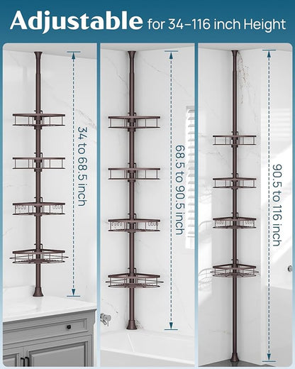 SEIRIONE Rustproof Shower Corner Caddy Organizer for Bathroom,Tension Pole with 4 Baskets, for Bathtub Storage Rack, 34 to 11