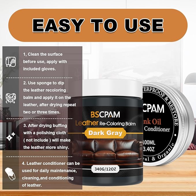 12oz Leather Recoloring Balm & 3.4oz Mink Oil Leather Conditioner kit,Dark Gray Leather Color Repair Kits for Couches, Leathe