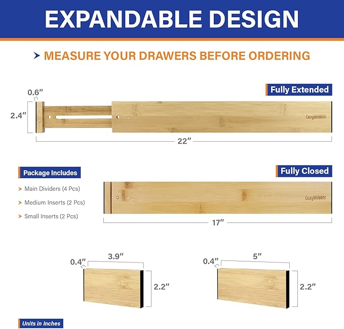 Adjustable Bamboo Drawer Dividers for Clothes, Kitchen Utensils, Office Desks, Bathroom Accessories, Socks and Underwear, and