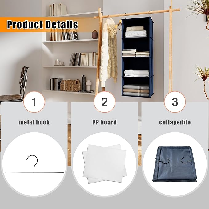 Hanging Closet Organizer - 4-Shelf, Easy Mount Foldable Wardrobe Storage Shelves for Clothes, Handbags, Shoes & Accessories -