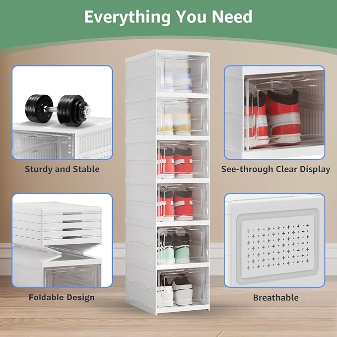 Shoe Storage Organizer Box 6-Tier Foldable Collapsible Stackable Shoe Rack Bins, Fit Size 12, No Assembly, for Men and Women