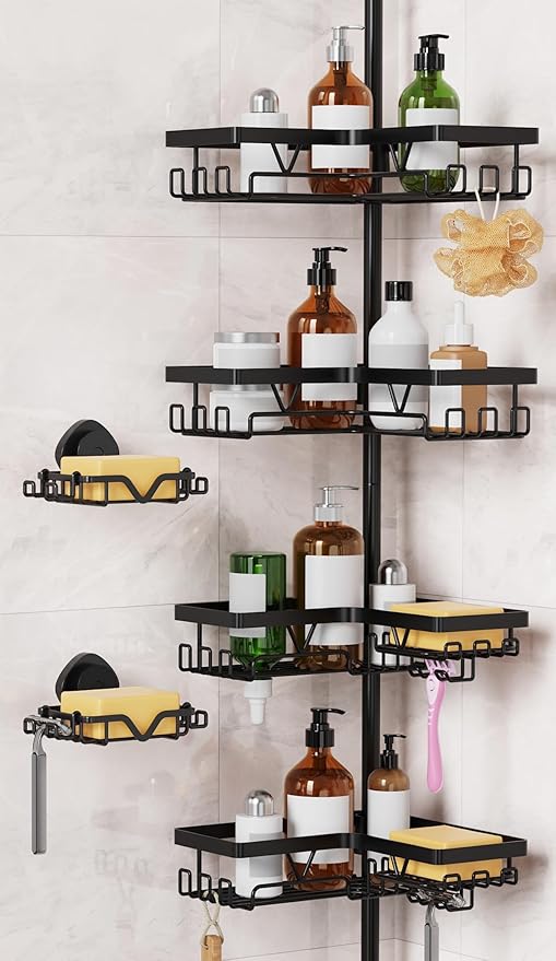 KEGII Shower Caddy Corner Tension Pole with 2 Suction Cup Soap Dishes, Rustproof 4-Tier Adjustable Bathroom Organizer, No-Dri