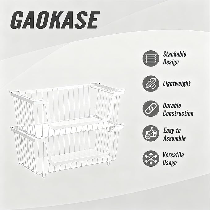 GAOKASE 4 Pcs Stackable Wire Baskets for Pantry Organizers and Storage,Vegetable Fruit Basket for Countertop,Kitchen Storage 