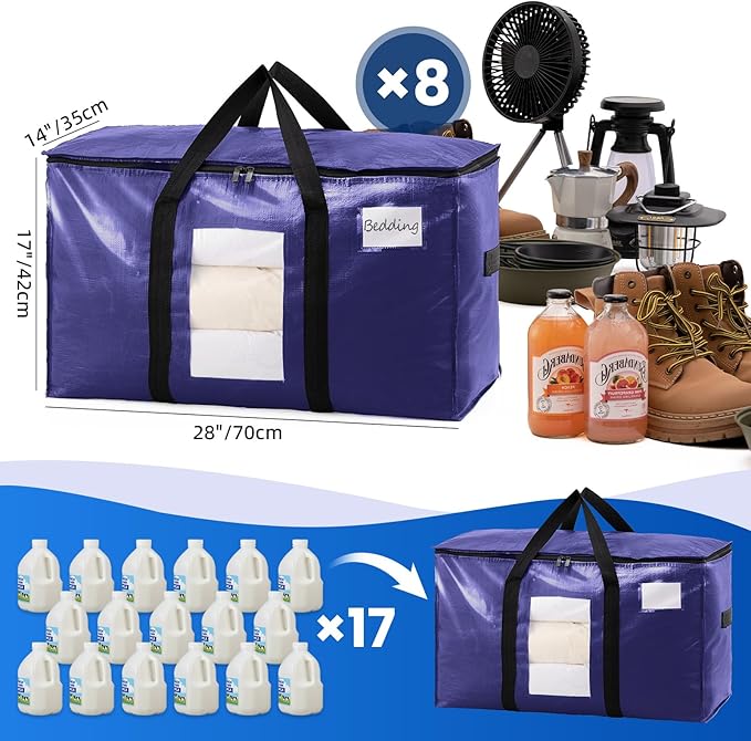 TAILI 8 Pack Dark Blue Extra Large Moving Bags, Heavy Duty Totes with Visible Window, Wrap Around Handles, Great for Storage