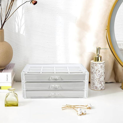ProCase Earring Holder Organizer Jewelry Box with 3 Drawers, Acrylic Clear Earring Case with Adjustable Velvet Trays for Wome