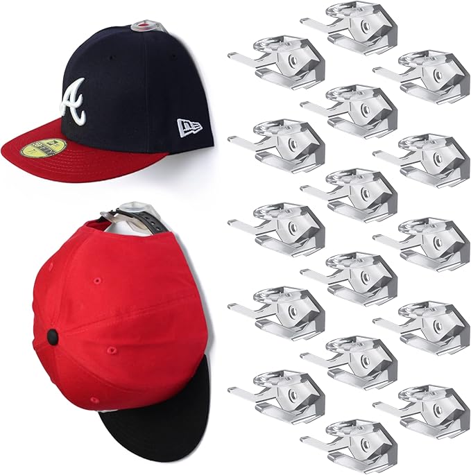 Modern JP Adhesive Hat Hooks for Wall (16-Pack) - Hat Rack for Baseball Caps, Minimalist Hat Display, Strong Hold Hat Hangers