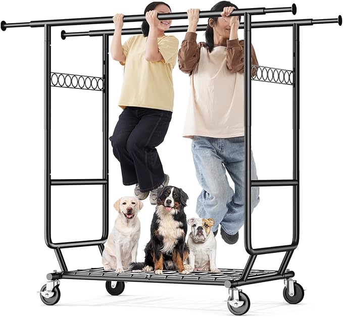 HOKEEPER Clothes Rack Heavy Duty Clothing Rack Load 650 LBS Collapsible Garment Rack with Wheels Double Rod Coat Rack for Han