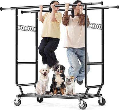 HOKEEPER Clothes Rack Heavy Duty Clothing Rack Load 650 LBS Collapsible Garment Rack with Wheels Double Rod Coat Rack for Han