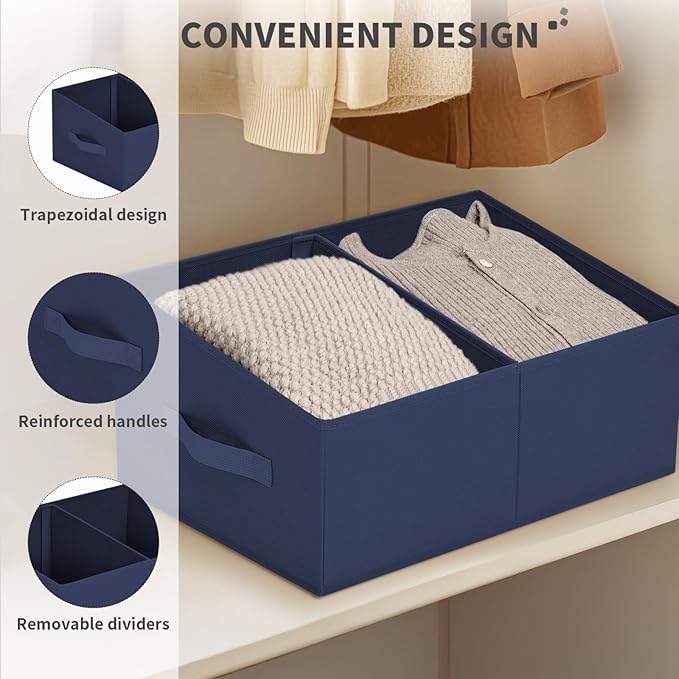 DIMJ Large Closet Shelf Organizer Bins 6 Packs with Handles and Divider, Fabric Trapezoid Storage Baskets, Foldable Clothes C