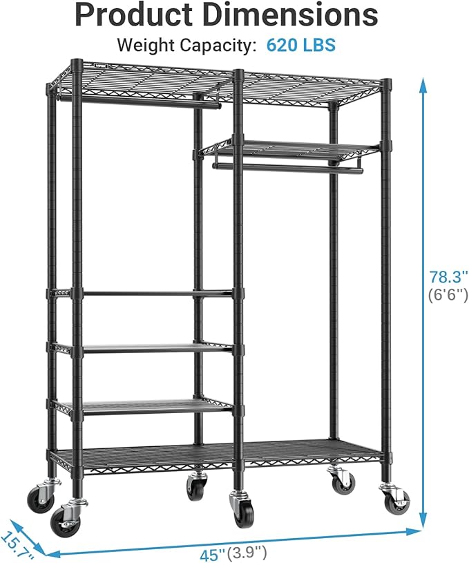 VIPEK R4 Garment Racks Heavy Duty Clothes Rack -620lb Capacity Metal Frame, Rolling Lockable Wheels & 6 Tiers Adjustable Heig