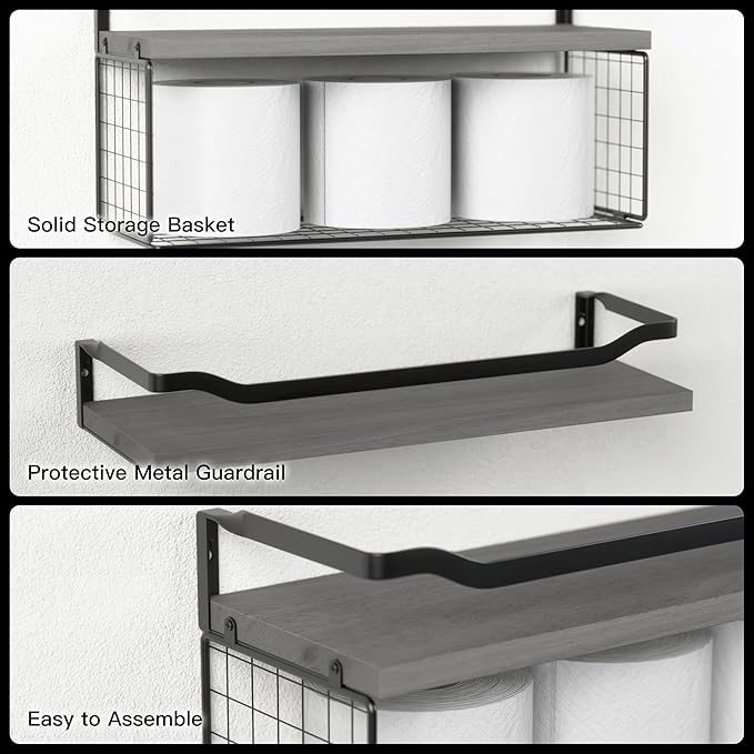 WOPITUES Floating Shelves with Wire Storage Basket, Bathroom Shelves Over Toilet with Protective Metal Guardrail, Wood Wall S