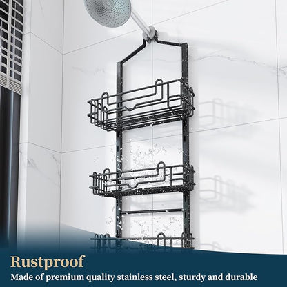 Consumest Shower Caddy Hanging – Rustproof Over Shower Head Hanger with Soap Holder and Hooks, Anti-Slip Shower Shelves for S
