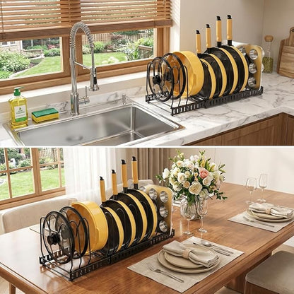 Pot and Pan Organizer Rack for Cabinet, 3 Expandable Pot Lid Organizer Holder with 12 Adjustable Compartment for Kitchen Cutting Board, Pan Lid, Cabinet Cookware Baking