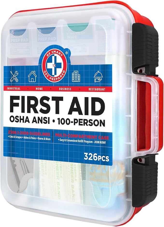 Be Smart Get Prepared First Aid Kit Hard Red Case 326 Pieces Exceeds OSHA and ANSI Guidelines 100 People - Office, Home, Car,