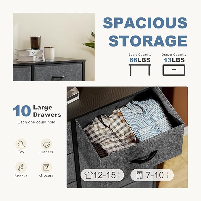 DUMOS Dresser for Bedroom, 10 Storage Drawers, Wide Fabric Closet Chests Organizer Tower Furniture with Wooden Top Metal Fram