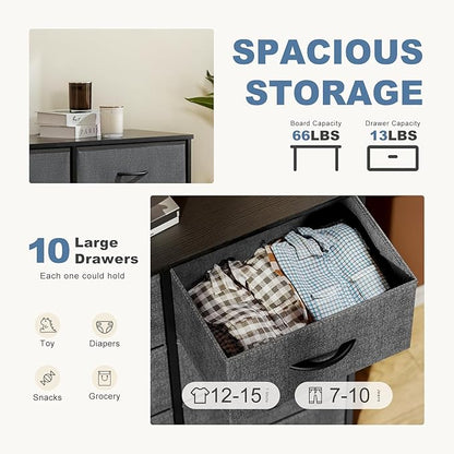 DUMOS Dresser for Bedroom, 10 Storage Drawers, Wide Fabric Closet Chests Organizer Tower Furniture with Wooden Top Metal Fram
