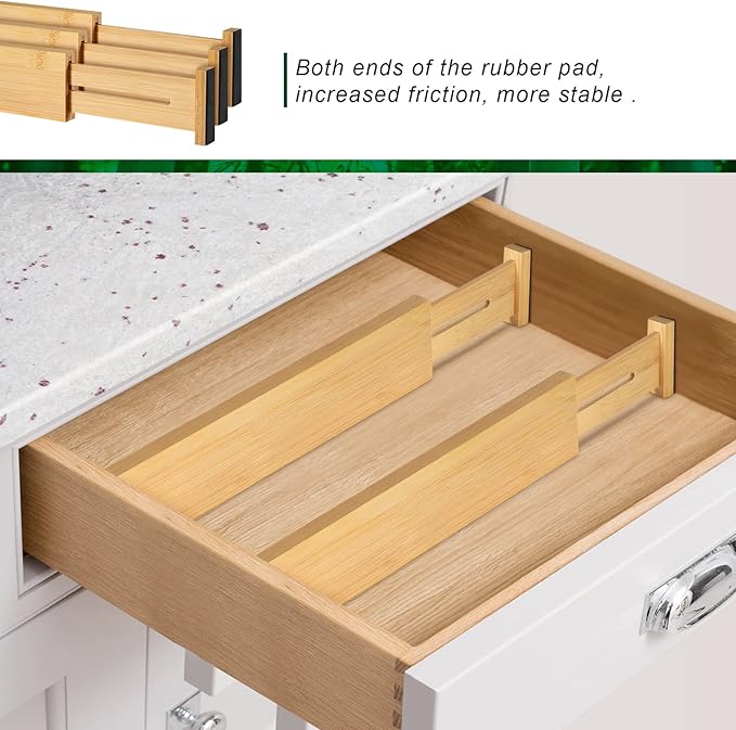 4 Pack Bamboo Drawer Dividers 2.6" High, Adjustable Length from 12 Inch to 17 Inch, Expandable Kitchen Drawer Organizer Separ