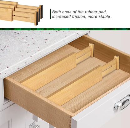 4 Pack Bamboo Drawer Dividers 2.6" High, Adjustable Length from 12 Inch to 17 Inch, Expandable Kitchen Drawer Organizer Separ