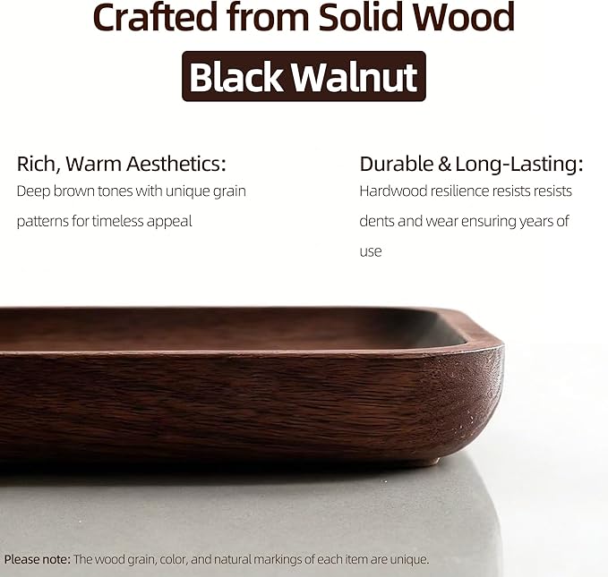 Solid Black Walnut Wooden Key Tray, Multi-Functional Key Bowl for Entryway Table, Key Holder Stand equipped with 3 Hooks, Woo