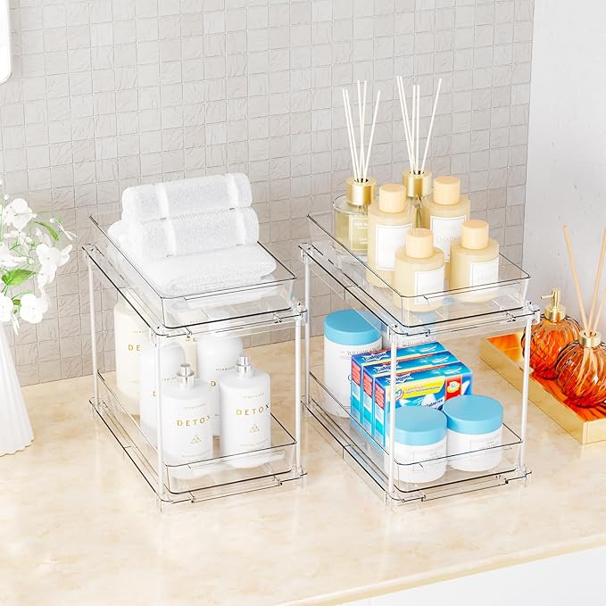 Yieach 4 Pack Under Sink Organizers and Storage,Clear Acrylic Bathroom Organizer and Cabinet Organization for Makeup,Medicine