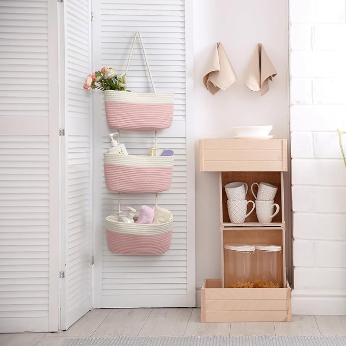 TeoKJ Over the Door Hanging Basket, 3-Tier Woven Cotton Wall-Mounted Storage Organizer Bag Decorative Hanging Nursery Baskets