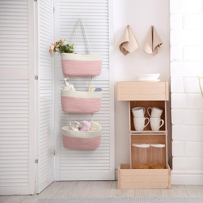 TeoKJ Over the Door Hanging Basket, 3-Tier Woven Cotton Wall-Mounted Storage Organizer Bag Decorative Hanging Nursery Baskets