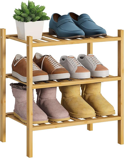 BMOSU 3-Tier Bamboo Small Shoe Rack Premium Stackable Shoe Shelf Storage Organizer for Hallway Closet Living Room Entryway Or