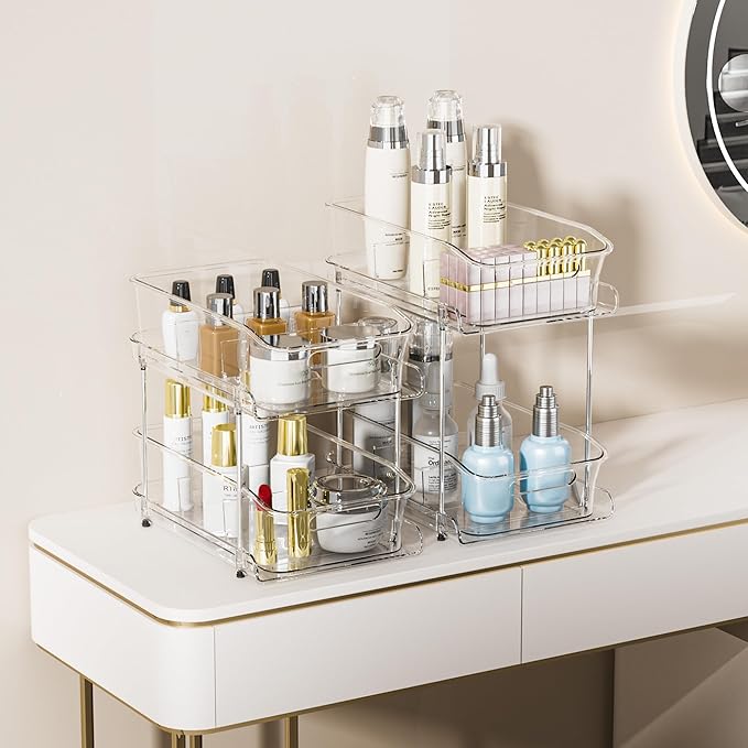 Delamu 2-Tier Under Sink Organizers and Storage, Multi-Purpose Stackable Bathroom Cabinet organizers, Pull Out Kitchen Pantry